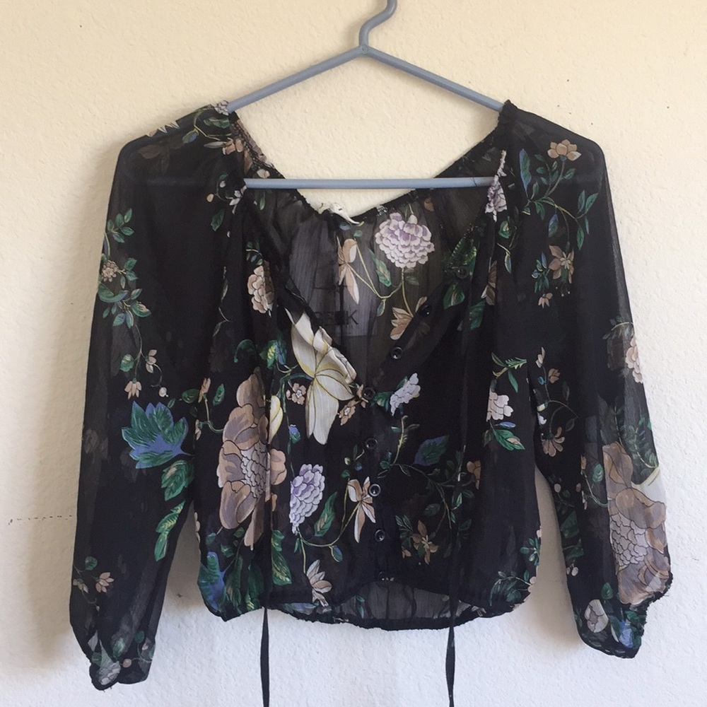 LF sheer floral button up blouse top